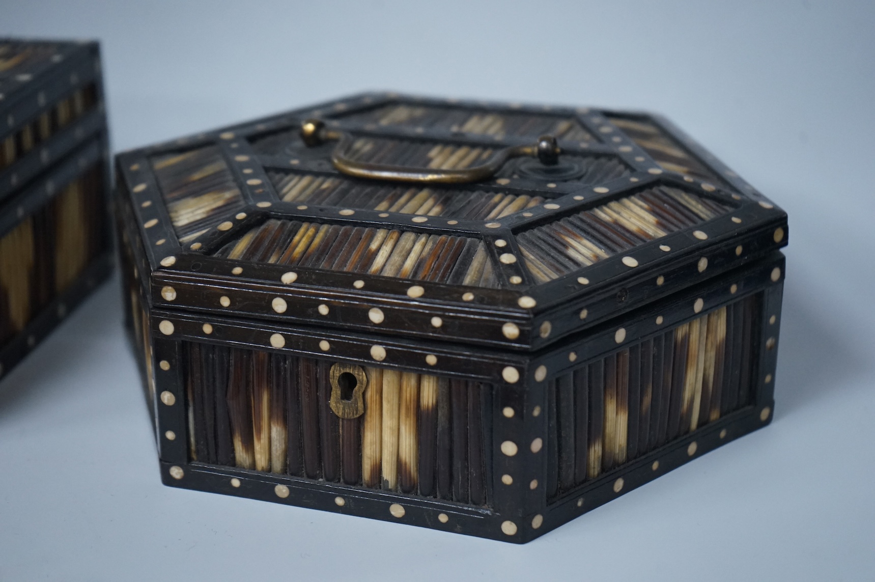 Two Ceylonese porcupine quill boxes, largest 20cm wide